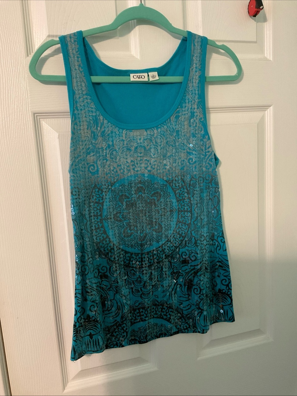 Cato Turquoise Scoop Neck Tank with Black Medallion Print